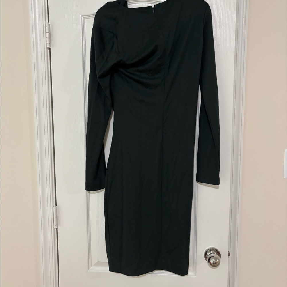 Salvatore Ferragamo dark green Asymmetrical Long Sleeve Sheath Dress